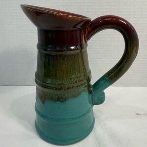 Vintage-Inspired Pottery Pouring Pitcher — Dark Teal & Brown Décor